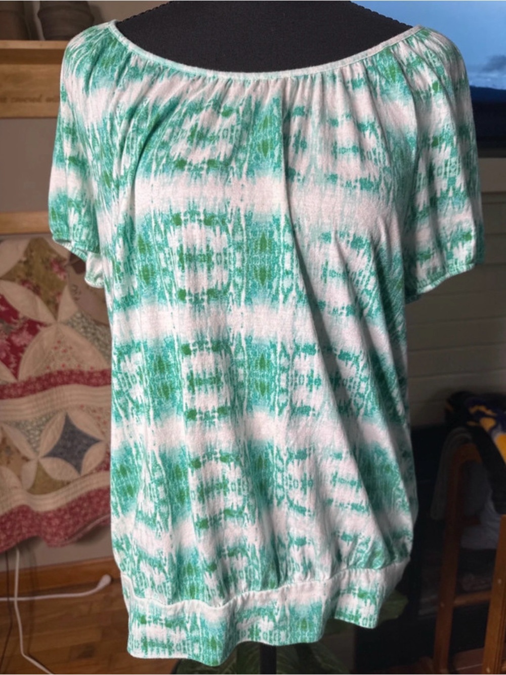 Chaps Green and White Tie-Dye Short Sleeve Tunic Top